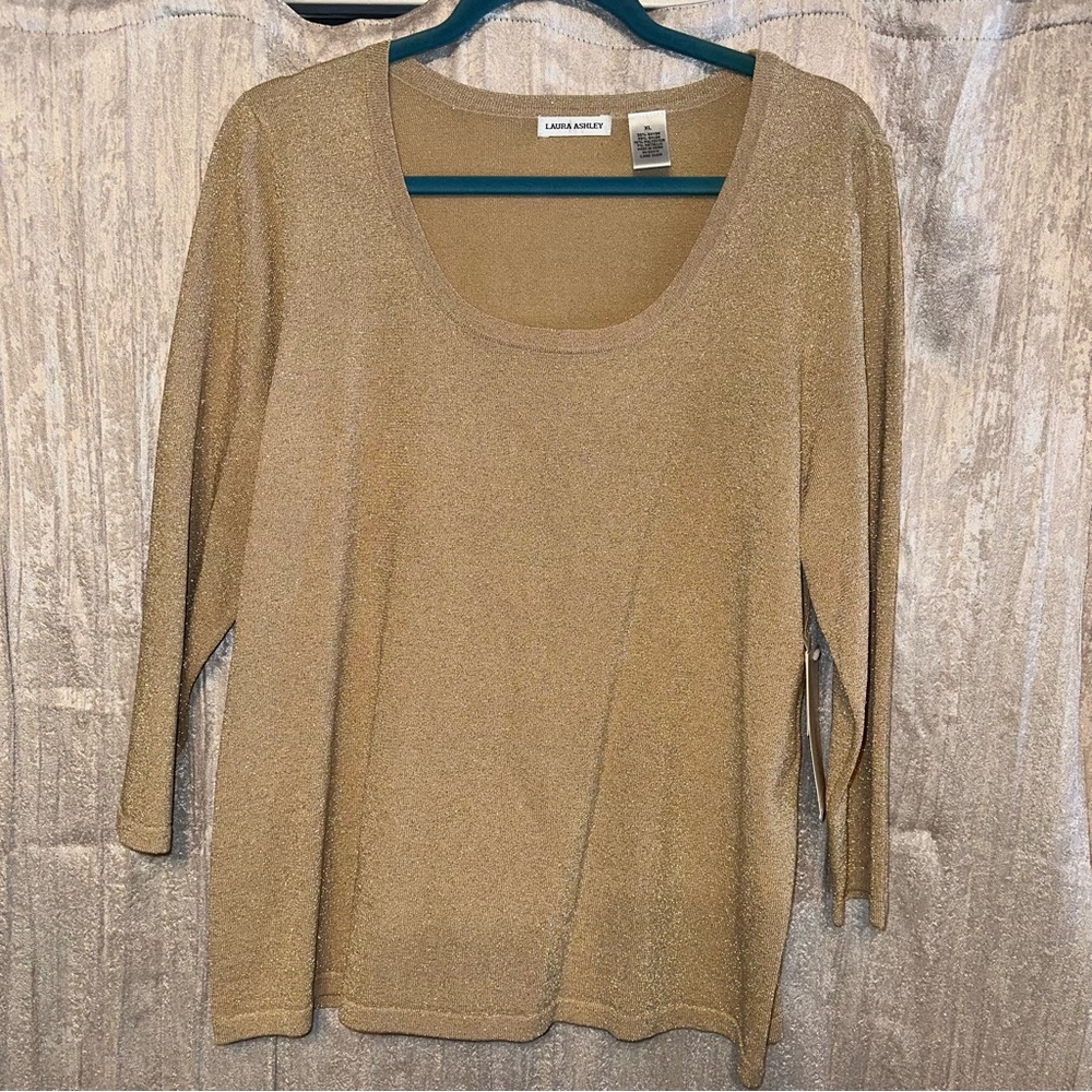 NEW Laura Ashley Gold Metal 3/4 Slv Top {XL} Blouse Sexy Shimmer